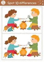 Find differences game for children. Summer camp educational activity with kids and fire. Printable worksheet with cute camping or forest scenery. Woodland preschool sheet vector