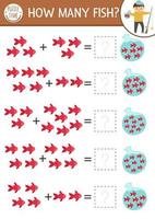 How many fish game with cute fishes in the bag with water. Summer math addition activity for preschool children. Printable simple counting worksheet for kids with boy and rod vector