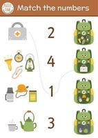 Match the numbers game with kawaii backpack and camping equipment. Summer camp math activity for preschool children with lantern, compass, rope. Printable counting worksheet for kids
