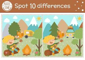 Find differences game for children. Summer camp educational activity with kid playing the guitar. Printable worksheet with cute camping or forest scenery. Woodland preschool sheet vector