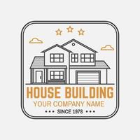 identidad de la empresa de construcción de casas con casa suburbana americana. ilustración vectorial insignia de línea delgada, signo para bienes raíces, negocios relacionados con la construcción y la empresa de construcción. vector