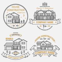 conjunto de identidad de la empresa de construcción de casas con casa suburbana americana. ilustración vectorial insignia de línea delgada, signo para bienes raíces, negocios relacionados con la construcción y la empresa de construcción. vector