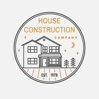 identidad de la empresa de construcción de casas con casa suburbana americana. ilustración vectorial insignia de línea delgada, signo para bienes raíces, negocios relacionados con la construcción y la empresa de construcción. vector