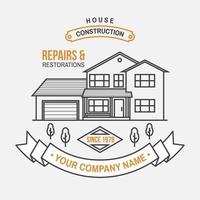 House construction company identity with suburban american house. Vector illustration. Thin line badge, sign for real estate, building and construction company related business.