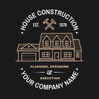 House construction company identity with suburban american house. Vector illustration. Thin line badge, sign for real estate, building and construction company related business.