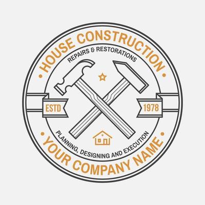 House construction company identity with crossed hammers. Vector illustration. Thin line badge, sign for real estate, building and construction company related business.