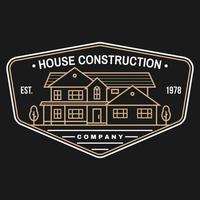 House construction company identity with suburban american house. Vector illustration. Thin line badge, sign for real estate, building and construction company related business.