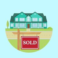 Beautiful american house on the blue background with SOLD sign. For web design and application interface, useful for infographics. Family house icon isolated on white background. Real estate. vector
