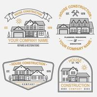 Set of House construction company identity with suburban american house. Vector illustration. Thin line badge, sign for real estate, building and construction company related business.
