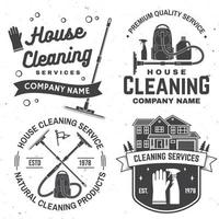 Cleaning company badge, emblem. Vector illustration. Concept for shirt, stamp or tee. Vintage typography design with cleaning equipments. Cleaning service sign for company related business