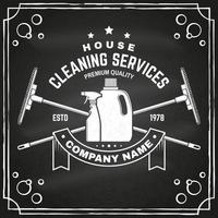 Cleaning company badge, emblem. Vector illustration. Concept for shirt, stamp or tee. Vintage typography design with cleaning equipments. Cleaning service sign for company related business