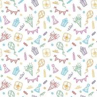 Seamless pattern with Happy Birthday doodles. Sketch of party decoration, gift box and balloons. Children drawing. Hand drawn vector illustration on white background