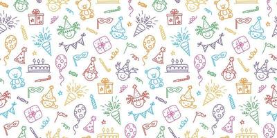 Seamless pattern with Happy Birthday doodles. Sketch of party decoration, funny smily children face, gift box and cute cake. Children drawing. Hand drawn vector illustration on white background