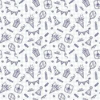 Seamless pattern with Happy Birthday doodles. Sketch of party decoration, gift box and balloons. Children drawing. Hand drawn vector illustration on white background