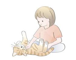 Watercolor Cute Girl Playing With A Cat. Vector Illustration Isolated On A White Background.