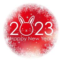 el año 2023, el año del conejo, símbolo de saludo redondo rojo con copos de nieve. vector