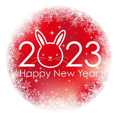 The Year 2023, The Year Of The Rabbit, Red Round Greeting Symbol With Snowflakes.