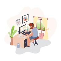 Male graphic designer, illustrator or freelance worker sitting at desk and working on a computer at home. Creativity process, creative workplace. Modern vector illustration in flat cartoon style.