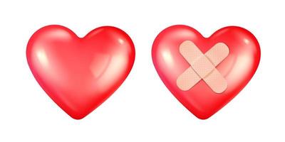 Vector set icons of red heart with bandage for Valentine's Day in realistic 3d style.