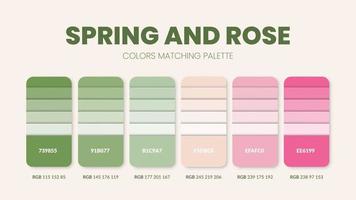 Las paletas de colores de primavera o los esquemas de colores son combinaciones de tendencias y guías de paletas de este año. Tonos de colores de mesa en rgb o hexadecimal. una muestra de color para un día suave de moda, hogar o diseño de interiores vector