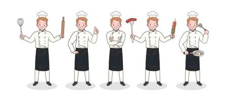 colección de personajes de chef hombre con ingredientes alimentarios, juego de cocina vector