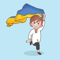 gente de Ucrania, niño sosteniendo bandera y corriendo para detener la guerra, símbolo de paz y sin concepto de guerra vector