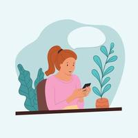 business woman use phone at home, working at home, freelance girl with technology vector