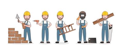 Builders and construction industry character set, home masters and repairman working in helmets and workwear standing with tools vector