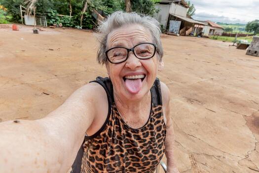 Elderly woman farmer taking a selfie. photo