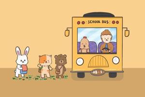 group of animal students, rabbit, cat, bear, hen and monkey on bus, back to school vector