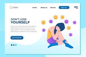 Stress woman feel anxious and lonely with virus background landing page vector