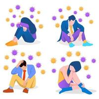 Solitude and depression from social distancing, isolated stay home alone in COVID-19 coronavirus crisis, anxiety from virus infection, Sad unhappy depressed people sit alone with virus pathogens vector
