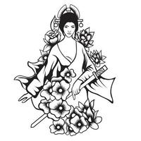 beautiful japanese geisha woman and traditional katana sword black and white vector design