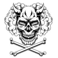 Vintage monochrome vaping concept with demon skull in smoke cloud and crossbones isolated vector illustration