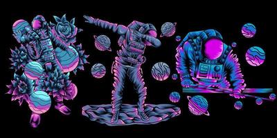 Collection of illustrations of astronaut playing billiards in space, dabbing. Hand Drawn Vector Illustration