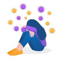 Solitude and depression from social distancing, isolated stay home alone in COVID-19 coronavirus crisis, anxiety from virus infection, Sad unhappy depressed woman sit alone with virus pathogens vector