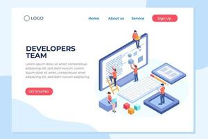 Engineer team at project development, template for developer. Coding develop, programmer at computer or workstation for business. Concept with character, flat isometric vector illustration