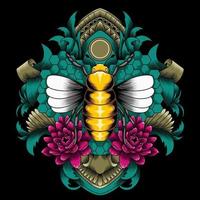 Bee with lotus flower and ornament vector