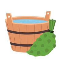 tina de madera con agua y una escoba para el baño de vapor y baño. cubo de madera con agua. accesorios de baño y sauna