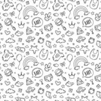 Childrens seamless pattern with cute clothes for kids. Cartoon vector baby print with nipples, rattles and toys.