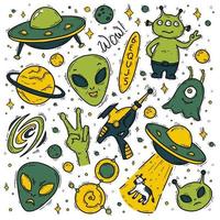 extraterrestres, objeto volador no identificado ufo vector doodle conjunto de iconos. dibujos animados divertidos criaturas verdes y amarillas y marcianos en el espacio. abducción de vacas, pistola bláster y círculos de cultivo sobre un fondo blanco