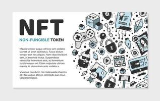 NFT non-fungible token landing page or banner with vector icons in doodle style. Cryptocurrency and blockchain technology in the purchase of art, paintings, music and videos. Hand drawn flyer.