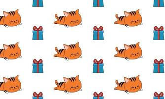 gato dormido con caja de regalo en patrón. vector