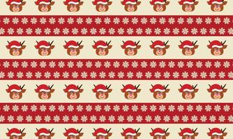 Cartoon deer and christmas tree pattern on red and white line background. vector