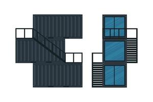 Cottage from a black cargo container. Three-storey house out of container for ship isolated on a white background. Vector illustration