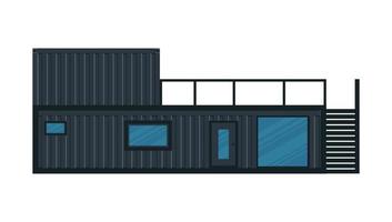 House, Cafe of black cargo container. Two-storey building with a veranda out of container for ship isolated on a white background. Vector illustration.