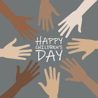 Happy Children's Day. Multiracial hands of children on the background of asphalt with chalk drawing. Vector illustration.