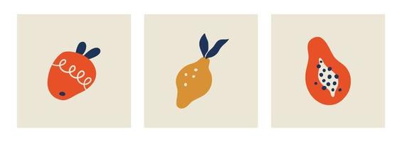 Matisse abstract apple, lemon and papaya fruit. Contemporary art print. Collection of minimalist art. Poster with organic fruit blobs. Vector illustration isolated