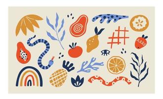 Organic blobs, tropic fruits and leaves in matisse style. Set of trendy doodle abstract elements. Bundle with natural shapes, random freehand matisse collection. Vector illustration