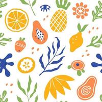 Seamless pattern with organic blobs, tropic fruits and leaves in matisse style. Background with trendy doodle abstract elements. Natural random matisse shapes. Vector illustration on white background